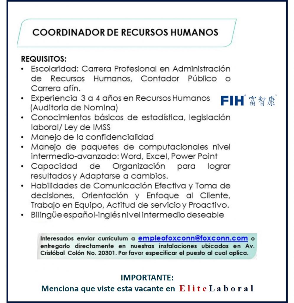 Vacante Coordinador De Recursos Humanos Elitelaboral 9248