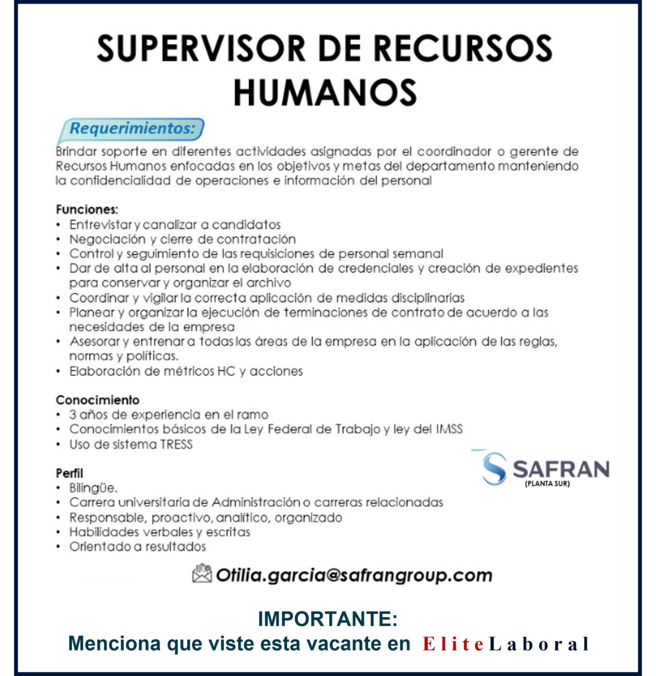 Vacante Supervisor De Recursos Humanos Elitelaboral 5711